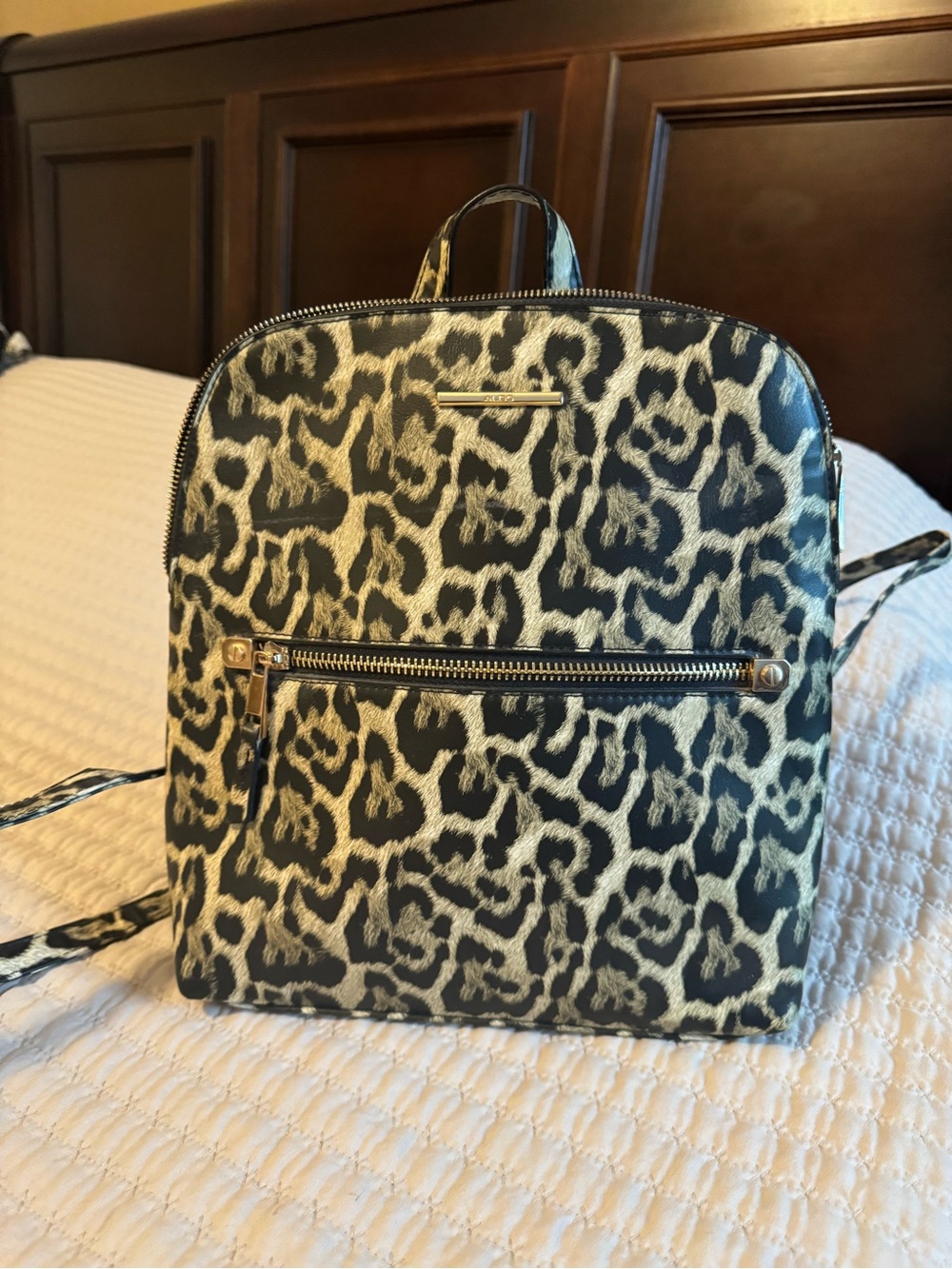 Aldo Black and Cream Leopard-Print Backpack
